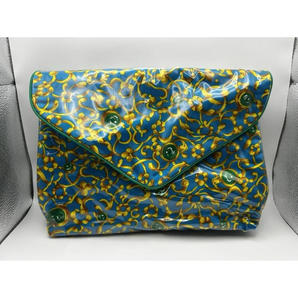Vintage 90s Oscar de la Renta Blue Gold PVC Cosmetic Make Up Travel Bag